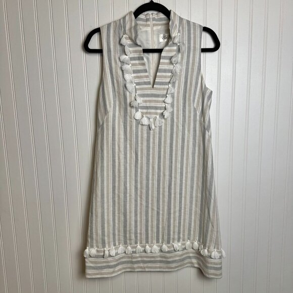 Eliza J. Striped Linen Blend Lined Shift Dress Sleeveless, Tassels N40 - Picture 1 of 5